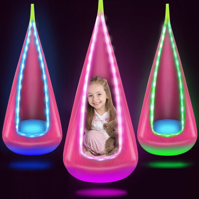 Bghdas Light Up Kids Pod Swing Seat, Hanging Hammock Chair with LED Lights, Upgraded Cotton Child Sensory Swing Seat, Sensory Swing for Autistic Kids Indoor & Outdoor Play (Pink) - Image 1